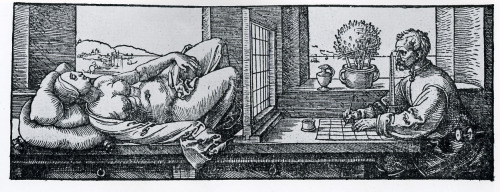 Der Netzzeichner (English: Artist and Model in the Studio) is a woodcut by Albrecht Dürer, first published in The Painter’s Manual in 1525. The woodcut is said to portray the dominance of the male gaze in Western visual culture, illustrating the consequences of mechanizing the relationship between the viewer and the viewed.