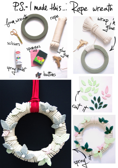 When ReadyMade Magazine asked me to collaborate and contribute for their special Holiday issue,  I was pretty psyched to create some fun &amp; festive decorations.  I dug deep into my stash of items laying around the house to see what I could create with.  I love finding ways to re-purpose everyday items from my kitchen to my craft closet&#8230;as you know!
To make this rope wreath, hit up your local craft or floral store for a plain foam wreath.  Begin by securing your rope (clothesline works great) with glue on the back.  Wrap and glue on the back side as you go so the front stays nice and clean.  Use pinking sheers or regular scissors to make sponge leaves.  Make holly clusters with sponge leaves and buttons all over wrapped-wreath, securing with glue.  Apply a generous dose of spray paint (I love Krylon) and hang with a fun colored ribbon.
Pick up this months issue of ReadyMade Magazine to see my other DIY Projects.  PS- Its the perfect way to say happy HOLLY- DAYS this season! 