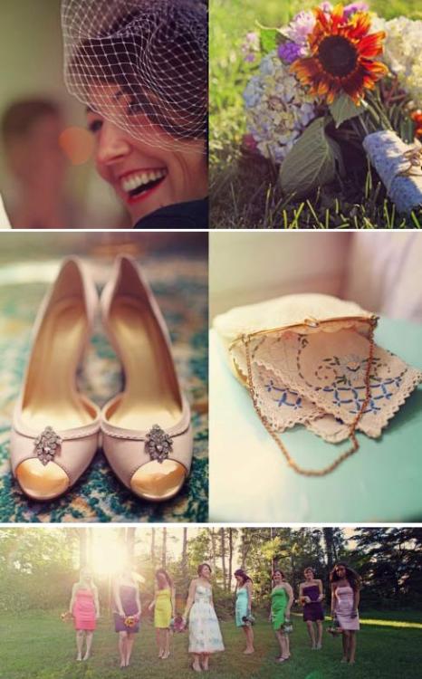 Vintage wedding on an organic farm Mismatched dresses cute shoes 