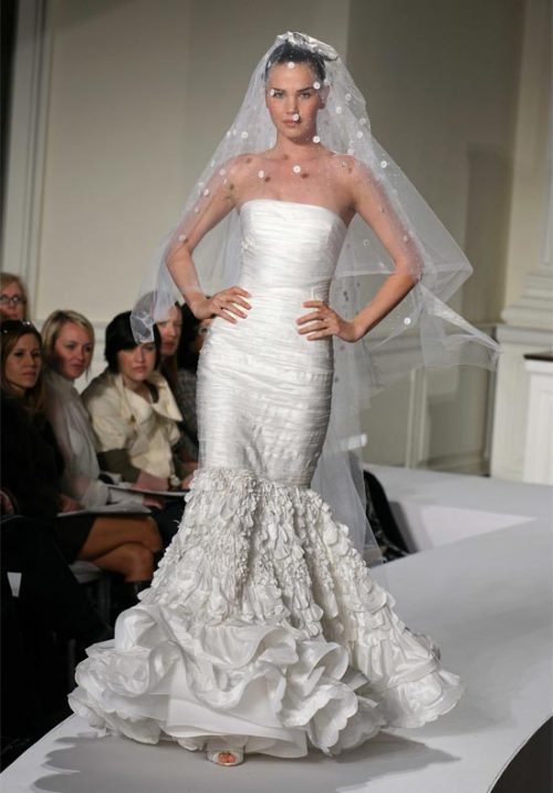 Polkadot waist length veil and ruffle mermaid wedding dress