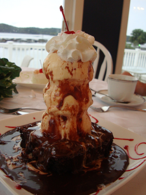 Mountain Harbor Inn Brownie Stack Three balls of vanilla ice cream atop a 4 inch thick chocolate brownie, covered in hot fudge sauce, whipped cream and topped with a cherry. (submitted by Geni Mermoud via The Mountain Harbor Inn)