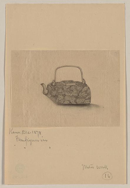 Metal teapot with floral designs Ink drawings Japanese 18701880