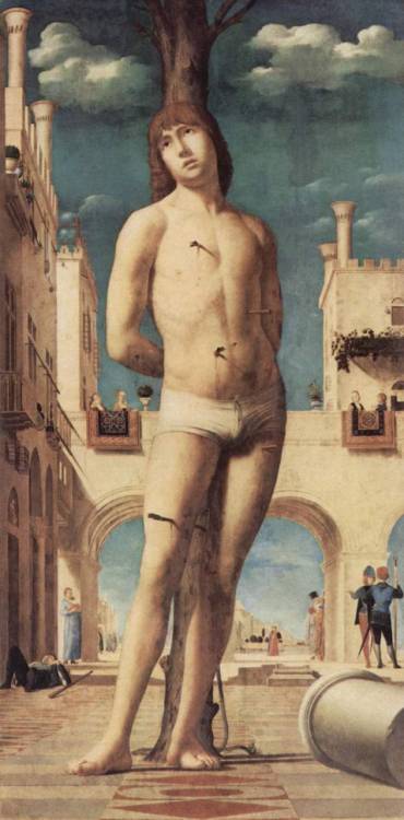 St. Sebastian (1476-‘77). Antonello da Messina. Oil on canvas transferred on table, 171 cm × 85 cm. Gemäldegalerie Alte Meister, Dresden