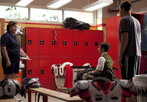  GLEE: Coach Beiste (Dot Marie Jones, L) walks in on Artie (Kevin McHale,  C) and Finn (Cory Monteith, R) talking in the locker room in the  &#8220;Britney/Brittany&#8221; episode of GLEE airing Tuesday, Sept. 28 (8:00-9:00  PM ET/PT) on FOX. ©2010 Fox Broadcasting Co. Cr: Adam Rose/FOX  click through for hq!