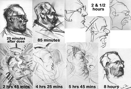 thechocolatebrigade:

These 9 drawings were done by an artist under the influence of LSD as  part of a test conducted by the US government in the late 1950’s. The  artist was given a dose of LSD 25 and free access to an activity box  full of crayons and pencils. His subject was the medic.
