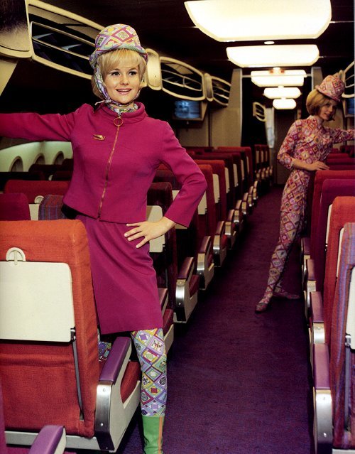 These colourful uniforms were designed by Emilio Pucci for Braniff International Airways. The uniforms had loud designs and were made into many parts so the stewardesses could mix and match according to their own style. 