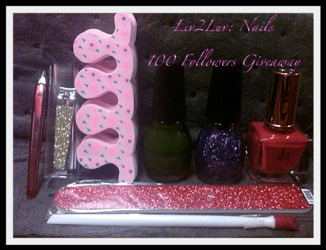 100 Followers Giveaway
This is my opportunity to say THANK YOU to all my followers for all of their support!
Enter for your chance to win a Liv2Luv personalized manicure/pedicure set. All 8 items are brand new and hand picked by me.
Set includes (from left to right):
Cuticle remover tool
Green glitter nail clippers
Toe separators (toes need love too!)
Sinful Colors Polish in Show Me the Way ( Swatch )
Sinful Colors Polish in Frenzy ( Swatch )
J2 Polish in Rosa ( Swatch )
Red Glitter emery board
Plastic Cuticle Pusher
Rules:
Entrant must follow me on Tumblr and must send me a message with their email address to be entered into the drawing. 
Multiple Entry Opportunities Available:
Send a message with your email addrress (1 entry)
If you were one of my first 50 followers- I know who you are (1 additional entry)
Reblog this or blog about this drawing on Tumblr- must provide link (1 additional entry)
Blog about this on another blogging site- must provide link (1 additional entry)
If you follow me on Twitter (@liv2luvnails) and tweet about this drawing- must provide link (1 additional entry)
Total Entries Possible: 5
Giveaway Ends Sunday November 28, 2010 at 11:59 PM EST.