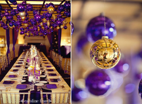 A winter wedding decorated with gold and purple ornaments You don 8217t