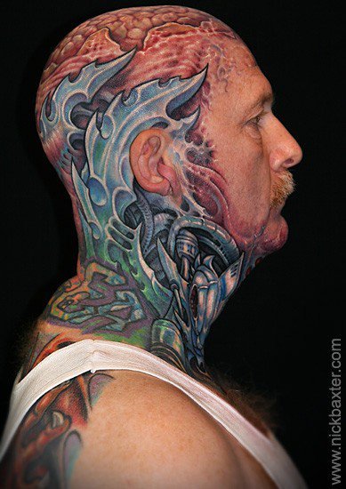Nick Baxters and Guy Aitchison head and neck collaboration tattoo on Jack 