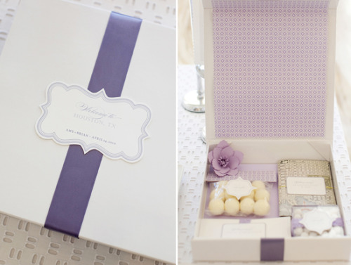 Elegantly appointed wedding weekend welcome kit in shades of lavender