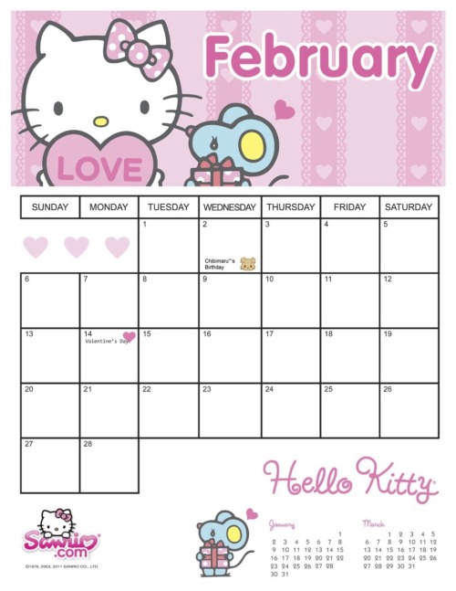 february 2011 calendar hello kitty