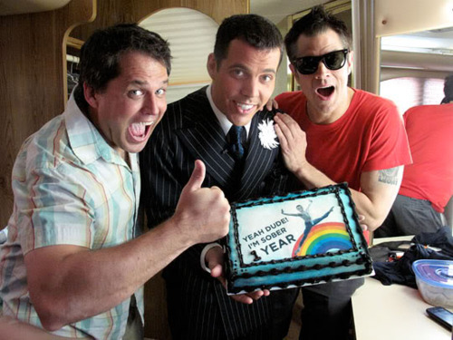 Jeff Tremaine SteveO and Johnny Knoxville celebrating 1 year of SteveO