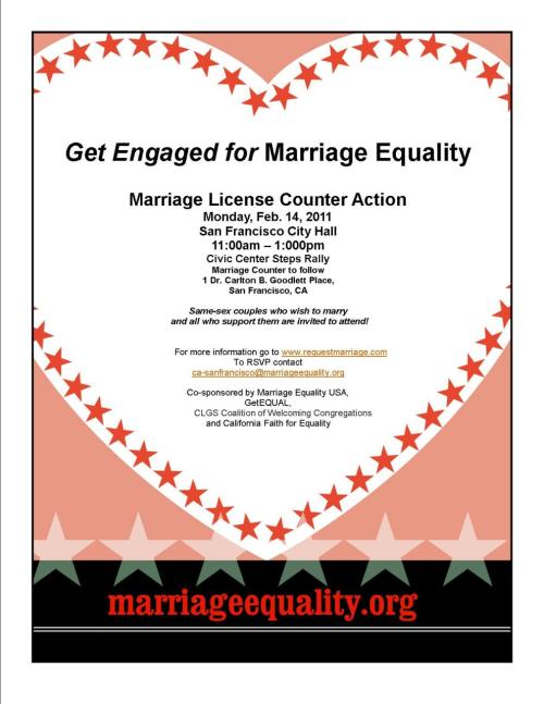 Please join us for Marriage Equality USA’s Valentine’s Day Action in San Francisco!