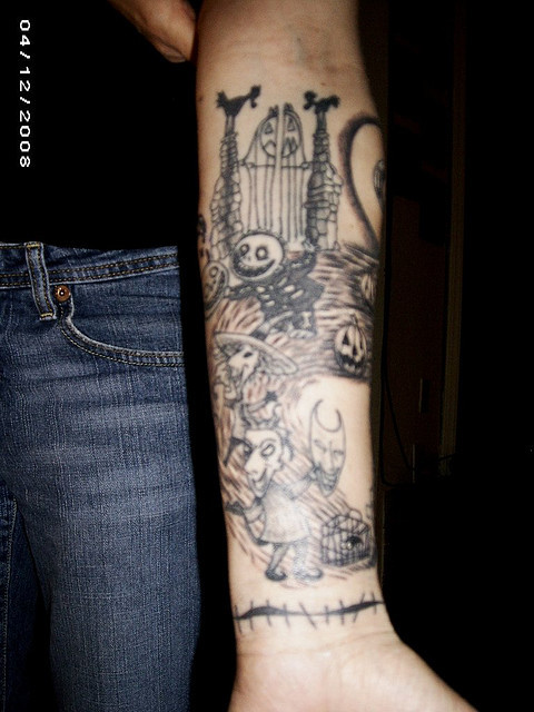 Black and White arm sleeve Disney ink tattoo disney tattoo