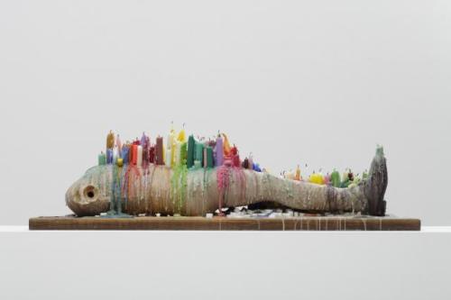 Passive Drifter, 2008 Sculpture - Candles, wax, sugar cubes, mannequin,  wood, cloth by Amie Dicke