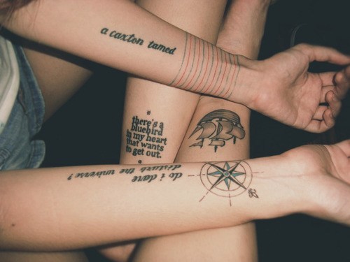  arms blue bird compass friends legs lines lyrics quote song tattoo 