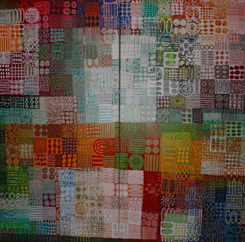 sophie munns … this painting (150 x 150 cm) has been pre-occupying me for days…and days… and still its not finished. Working title “seeds … stories across time”. 
What is this thing that compels one in strange directions… not for me (at this time anyway) the large, loose canvases and brushy strokes… oh no…I have to stop in every small intimate place and bring something into being and layer it over what is there, then take some away, add somthing else… bring in a new colour or tone… add, subtract… compose… remember, think some more, and more again! Its a kind of story telling… only …. who knows the stories?
 and talking a photo of it…found my camera had been dropped and no longer worked… went to buy a new camera… oh! batteries need to be fired up… borrowed a camera…not very good photos tonight …inside…night-time… not good lighting…  what a strange process its been…. oh well!