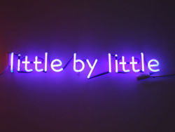 Image credit: Peter Liversidge, Little by Little, 2010. Neon (a series in 15 colours, one available of each colour)

Working on a rare and gorgeous magnesium shell Olivetti lettera 35I manual typewriter, London-based Peter Liversidge methodically unleashes page after page of peculiar and at times absurdist proposal ideas. Some of the ideas are realized, while others remain potentials, but the underlying factor in the books are the nuanced idioms of each researched text.
Collected into simple yet stately book objects, including commissions in the form of Proposals for Liverpool (Tate Gallery, 2008), Proposals for Barcelona (Centre d’art Santa Monica, 2007), Proposals for Brussels (with the British Council for the Europalia Festival, 2007), Proposals for Miami (Art Basel Miami, 2009), the “proposals” are in fact a collection of remembered and imagined turns of phrases, ideas, and quotes from the people of each commissioning place. The proposals are not prescriptive, rather, they serve as a catalyst for what could be.
Commissioned by Deveron Arts to create a Proposal for Huntly, Liversidge will be in town for four weeks researching the locality of this place. Included in the realized list of proposals will be a Huntly sausage created in collaboration with Huntly’s own Charles Raeburn and Liversidge’s grandfather’s sausage recipe. The family recipe originating from Lincolnshire goes back in Liversidge’s family history 108 years and the test batch has already sold out. Another proposal to be realized will be a whisky made approximately 3 months before Liversidge was born (March ‘73), from the now mothballed speyside distillery of Caperdonich.
For more information, visit his page on Ingleby Gallery