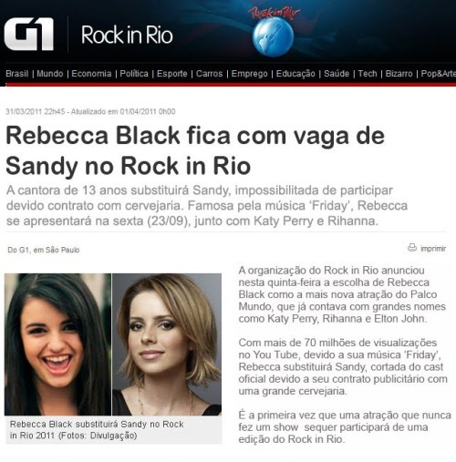 sapatosdecristal:     O.O WTF??????????? PQP!  Hey! Vamos fazer assim: Rebecca Black vai fazer o comercial da Devassa e a Sandy volta pro Rock in Rio ! Que taal ? 