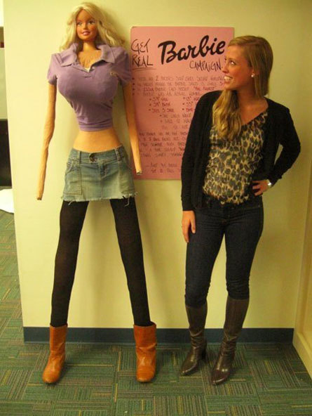 thedailywhat:

Barbie IRL of the Day: People talk and talk about how unrealistic Barbie’s 39-18-33 measurements would be if she were a real live girl. Hamilton College student Galia Slayen took the talk a step further and actually built a real life-size Barbie.
Slayen, who dressed her 6-foot-tall Barbie doll in a size 00 skirt she wore during her battle with anorexia, says she created the model to get people taking about eating disorders, but doesn’t blame her illness on the plastic icon’s distorted proportions alone.
“She’s one small factor, an environmental factor,” Slayen told TODAY.com. “I’m blond and blue-eyed and I figured that was what I was supposed to look like. She was my idol. It impacted the way I looked at myself.”
[huffpo / msnbc / dlisted.]
