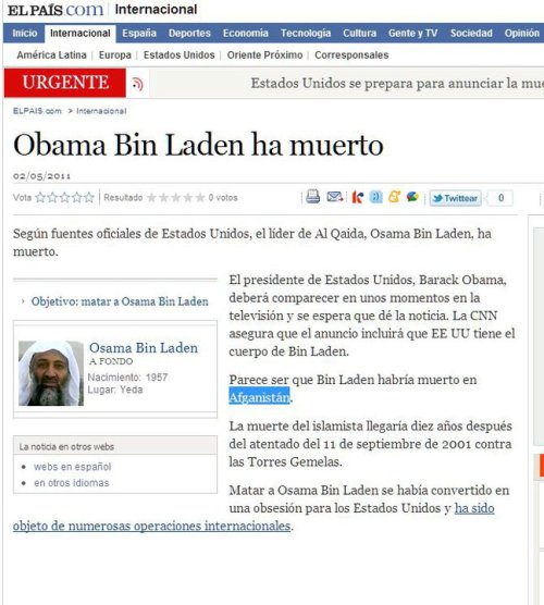 Un gran Fail del Diario el Pais reportan la Muerte de Obama Bin laden, que alguien les diga que es Osama Bin Laden y Obama es el Presidente de Estados Unidos