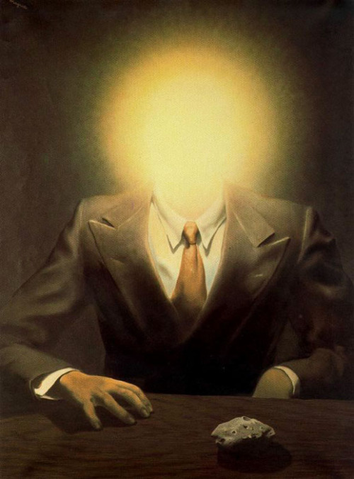 stoplooklisten2:  The Pleasure Principle (Portrait of Edward James)1937While working on the portrait of Edward James after a photograph by Man Ray, Magritte substituted the explosion of light produced by a camera flash device for the face of his model, thereby - as so often - mocking and demonstrating the principle of unreality lying behind a picture. 