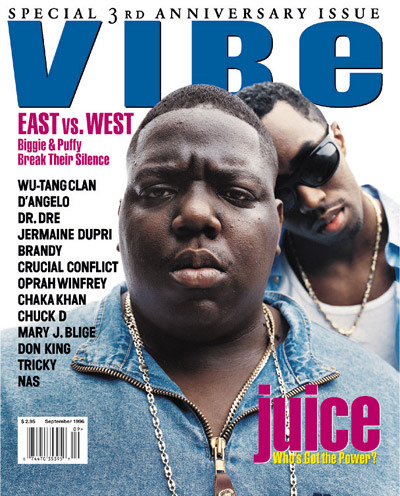 Vibe Magazine, September 1996. Puffy and Biggie Break Their Silence On Tupac, Death Row, And All The East-West Friction. A Tale of Bad Boys and Bad Men. 
Now, we can settle this like we got some class, or we can get into some gangster shit. -Max Julien as Goldie in The Mack
It&#8217;s hard to believe that someone who has seen so much could have such young eyes. But the eyes of Sean &#8220;Puffy&#8221; Combs, bright, brown, and alert, reflect the stubborn innocence of childhood. His voice, however, tells another story. Sitting inside the control room of Daddy&#8217;s House Studios in Midtown Manhattan, dressed in an Orlando Magic jersey and linen slacks, Puffy speaks in low, measured tones, almost whispering.
&#8220;I&#8217;m hurt a little bit spiritually by all the negativity, by this whole Death Row-Bad Boy shit,&#8221; says Puffy, president of Bad Boy Entertainment, one of the most powerful creative forces in black music today. And these days, one of the most tormented. &#8220;I&#8217;m hurt that out of all my accomplishments, it&#8217;s like I&#8217;m always getting my most fame from negative drama. It&#8217;s not like the young man that was in the industry for six years, won the ASCAP Songwriter of the Year, and every record he put out went at least gold&#8230;. All that gets overshadowed. How it got to this point, I really don&#8217;t know. I&#8217;m still trying to figure it out.&#8221;
So is everyone else. What&#8217;s clear is that a series of incidents-Tupac Shakur catching bullets at a New York studio in November &#8216;94, a close friend of Death Row CEO Suge Knight being killed at an Atlanta party in September &#8216;95, the Notorious B.I.G. and Tupac facing off after the Soul Train Music Awards in L.A. this past March-have led to much finger-pointing and confusion. People with little or no connection to Death Row or Bad Boy are choosing up sides. From the Atlantic to the Pacific, hip hop heads are proclaiming their &#8220;California Love&#8221; or exclaiming that the &#8220;the East is in the house&#8221; with the loyalty of newly initiated gang members. As Dr. Dre put it, &#8220;Pretty soon, niggaz from the East Coast ain&#8217;t gonna be able to come out here and be safe. And vice versa.&#8221;
Meanwhile, the two camps that have the power to put an end to it all have yet to work out their differences. Moreover, Suge Knight&#8217;s Death Row camp, while publicly claiming there is no beef, has continued to aggravate the situation: first, by making snide public comments about the Bad Boy family, and second, by releasing product that makes the old Dre-vs.-Eazy conflict look tame. The intro to the video for the Tupac/Snoop Doggy Dogg song &#8220;2 of Americaz Most Wanted&#8221; features two characters named Pig and Buff who are accused of setting up Tupac and are then confronted in their office. And the now infamous B-side, &#8220;Hit &#8216;Em Up,&#8221; finds Tupac, in a fit of rage, telling Biggie, &#8220;I fucked your bitch, you fat motherfucker,&#8221; and then threatening to wipe out all of Bad Boy&#8217;s staff and affiliates.
While the records fly off the shelves and the streets get hotter and hotter, Puffy and Big have remained largely silent. Both say they have been reluctant to discuss the drama in any detail because they feel the media and the public have blown it out of proportion. But with knuckleheads questioning why they haven&#8217;t brought the ruckus and do-gooders questioning why they haven&#8217;t made peace, they&#8217;ve decided to end their verbal hiatus.
Why would I set a nigga up to get shot?&#8221; says Puffy. &#8220;If I&#8217;ma set a nigga up, which I would never do, I ain&#8217;t gonna be in the country. I&#8217;ma be in Bolivia somewhere.&#8221; Once again, Puffy is answering accusations that he had something to do with Shakur&#8217;s shooting at New York&#8217;s Quad Recording Studio, the event that sowed the seeds of Tupac&#8217;s beef with the East.
In April 1995, Tupac told VIBE that moments after he was ambushed and shot in the building&#8217;s lobby, he took the elevator up to the studio, where he saw about 40 people, including Biggie and Puffy. &#8220;Nobody approached me. I noticed that nobody would look at me,&#8221; said Tupac, suggesting that the people in the room knew he was going to be shot. In &#8220;Hit &#8216;Em Up,&#8221; Tupac does more than suggest, rapping, &#8220;Who shot me? But ya punks didn&#8217;t finish / Now you&#8217;re about to feel the wrath of a menace.&#8221;
But Puffy says Tupac&#8217;s barking up the wrong tree: &#8220;He ain&#8217;t mad at the niggas that shot him; he knows where they&#8217;re at. He knows who shot him. If you ask him, he knows, and everybody in the street knows, and he&#8217;s not stepping to them, because he knows that he&#8217;s not gonna get away with that shit. To me, that&#8217;s some real sucker shit. Be mad at everybody, man; don&#8217;t be using niggas as scapegoats. We know that he&#8217;s a nice guy from New York. All shit aside, Tupac is a nice, good-hearted guy.&#8221;
Taking a break from recording a new joint for his upcoming album, Life After Death, Big sinks into the studio&#8217;s sofa in a blue Sergio Tacchini running suit that swishes with his every movement. He is visibly bothered by the lingering accusations. &#8220;I&#8217;m still thinking this nigga&#8217;s my man,&#8221; says Big, who first met Tupac in 1993 during the shooting of John Singleton&#8217;s Poetic Justice. &#8220;This shit&#8217;s just got to be talk, that&#8217;s all I kept saying to myself. I can&#8217;t believe he would think that I would shit on him like that.&#8221;
He recalls that on the movie set, Tupac kept playing Big&#8217;s first single, &#8220;Party and Bullshit.&#8221; Flattered, he met Tupac at his home in L.A., where the two hung out, puffed lah, and chilled. &#8220;I always thought it to be like a Gemini thing,&#8221; he says. &#8220;We just clicked off the top and were cool ever since.&#8221; Despite all the talk, Big claims he remained loyal to his partner in rhyme through thick and thin. &#8220;Honestly, I didn&#8217;t have no problem with the nigga,&#8221; Big says. &#8220;There&#8217;s shit that muthafuckas don&#8217;t know. I saw the situations and how shit was going, and I tried to school the nigga. I was there when he bought his first Rolex, but I wasn&#8217;t in the position to be rolling like that. I think Tupac felt more comfortable with the dudes he was hanging with because they had just as much money as him.
&#8220;He can&#8217;t front on me,&#8221; says Big. &#8220;As much as he may come off as some Biggie hater, he knows. He knows when all that shit was going down, I was schooling a nigga to certain things, me and [Live Squad rapper] Stretch-God bless the grave. But he chose to do the things he wanted to do. There wasn&#8217;t nothing I could do, but it wasn&#8217;t like he wasn&#8217;t my man.&#8221;
While Tupac was taking shots at Biggie-claiming he&#8217;d bit his &#8220;player&#8221; style and sound-Suge was cooking up his own beef with Bad Boy. At the Source Awards in August 1995, Suge made the now legendary announcement, &#8220;If you don&#8217;t want the owner of your label on your album or in your video or on your tour, come sign with Death Row.&#8221; Obviously directed at Puffy&#8217;s high-profile role in his artists&#8217; careers, the remark came as a shock. &#8220;I couldn&#8217;t believe what he said,&#8221; Puffy recalls. &#8220;I thought we was boys.&#8221; All the same, when it came time for Puffy to present an award, he said a few words about East-West unity and made a point of hugging the recipient, Death Row artist Snoop Doggy Dogg.
Nonetheless, Suge&#8217;s words spread like flu germs, reigniting ancient East-West hostilities. It was in this increasingly tense atmosphere that Big and the Junior M.A.F.I.A. clique reached Atlanta for Jermaine Dupri&#8217;s birthday party last September. During the after-party at a club called Platinum House, Suge Knight&#8217;s close friend Jake Robles was shot. He died at the hospital a week later. Published reports said that some witnesses claimed a member of Puffy&#8217;s entourage was responsible.
At the mention of the incident, Puffy sucks his teeth in frustration. &#8220;Here&#8217;s what happened,&#8221; he says. &#8220;I went to Atlanta with my son. At that time, there wasn&#8217;t really no drama. I didn&#8217;t even have bodyguards, so that&#8217;s a lie that I did. I left the club, and I&#8217;m waiting for my limo, talking to girls. I don&#8217;t see [Suge] go into the club; we don&#8217;t make any contact or nothing like that. He gets into a beef in the club with some niggas. I knew the majority of the club, but I don&#8217;t know who he got into the beef with, what it was over, or nothing like that. All I heard is that he took beef at the bar. I see people coming out. I see a lot of people that I know, I see him, and I see everybody yelling and screaming and shit. I get out the limo and I go to him, like, `What&#8217;s up, you all right?&#8217; I&#8217;m trying to see if I can help. That&#8217;s my muthafuckin&#8217; problem,&#8221; Puffy says, pounding his fist into his palm in frustration. &#8220;I&#8217;m always trying to see if I can help somebody.
&#8220;Anyway, I get out facing him, and I&#8217;m, like, `What&#8217;s going on, what&#8217;s the problem?&#8217; Then I hear shots ringing out, and we turn around and someone&#8217;s standing right behind me. His man-God bless the dead-gets shot, and he&#8217;s on the floor. My back was turned; I could&#8217;ve got shot, and he could&#8217;ve got shot. But right then he was, like, `I think you had something to do with this.&#8217; I&#8217;m, like, `What are you talking about? I was standing right here with you!&#8217; I really felt sorry for him, in the sense that if he felt that way, he was showing me his insecurity.&#8221;
After the Atlanta shooting, people on both coasts began speculating. Would there be retribution? All-out war? According to a New York Times Magazine cover story, Puffy sent Louis Farrakhan&#8217;s son, Mustafa, to talk with Suge. Puffy says he did not send Mustafa but did tell him, &#8220;If there&#8217;s anything you can do to put an end to this bullshit, I&#8217;m with it.&#8221; The Times reported that Suge refused to meet with Mustafa. Suge has since declined to speak about his friend&#8217;s murder.
Less than two weeks later, when it came time for the &#8220;How Can I Be Down?&#8221; rap conference in Miami, the heat was on. Suge, who has never concealed his past affiliations with L.A.&#8217;s notorious Bloods, was rumored to be coming with an army. Puffy was said to be bringing a massive of New York drug lords and thugs. When the conference came and Puffy did not attend, Billboard reported that it was due to threats from Death Row. 
On December 16, 1995, it became apparent that the trouble was spilling into the streets. In Red Hook, Brooklyn, shots were fired at the trailer where Death Row artists Tha Dogg Pound were making a video for &#8220;New York, New York&#8221;-which features Godzilla-size West Coasters stomping on the Big Apple. No one was hurt, but the message was clear. Then came &#8220;L.A., L.A.,&#8221; an answer record from New York MCs Tragedy, Capone, Noreaga, and Mobb Deep. That video featured stand-ins for Tha Dogg Pound&#8217;s Daz and Kurupt being kidnapped, tortured, and tossed off the 59th Street Bridge.
By this time, the rumor mill had kicked into overdrive. The latest story was that Tupac was boning Biggie&#8217;s wife, Faith Evans, and Suge was getting with Puffy&#8217;s ex, Misa Hylton. Death Row allegedly printed up a magazine ad featuring Misa and Suge holding Puffy&#8217;s two-year-old son, with a caption reading &#8220;The East Coast can&#8217;t even take care of their own.&#8221; The ad-which was discussed on New York&#8217;s Hot 97 by resident gossip Wendy Williams-never ran anywhere, but reps were tarnished nonetheless. Death Row now denies that such an ad ever existed. Puffy says he didn&#8217;t know about any ad. Misa says, &#8220;I don&#8217;t do interviews.&#8221;
Meanwhile, Tupac kept rumors about himself and Faith alive with vague comments in interviews like &#8220;You know I don&#8217;t kiss and tell.&#8221; But in &#8220;Hit &#8216;Em Up,&#8221; released this May, he does just that, telling Biggie, &#8220;You claim to be a player, but I fucked your wife.&#8221; (Faith, for her part, denies ever sleeping with Tupac.)
When talk turns to his estranged wife, Biggie shrugs his shoulders and pulls on a blunt. &#8220;If the muthafucka really did fuck Fay, that&#8217;s foul how he&#8217;s just blowin&#8217; her like that,&#8221; he says. &#8220;Never once did he say that Fay did some foul shit to him. If honey was to give you the pussy, why would you disrespect her like that? If you had beef with me, and you&#8217;re, like, `Boom, I&#8217;ma fuck his wife,&#8217; would you be so harsh on her? Like you got beef with her? That shit doesn&#8217;t make sense. That&#8217;s why I don&#8217;t believe it.&#8221;
What was still mostly talk and propaganda took a turn for the ugly at the Soul Train Awards this past March. When Biggie accepted his award and bigged-up Brooklyn, the crowd hissed. But the real drama came after the show, when Tupac and Biggie came face-to-face for the first time since Pac&#8217;s shooting more than two years before. &#8220;That was the first time I really looked into his face,&#8221; says Big. &#8220;I looked into his eyes and I was, like, Yo, this nigga is really buggin&#8217; the fuck out.&#8221;
The following week&#8217;s Hollywood Reporter quoted an unnamed source saying that Shakur waved a pistol at Biggie. &#8220;Nah, Pac didn&#8217;t pull steel on me,&#8221; says Big. &#8220;He was on some tough shit, though. I can&#8217;t knock them dudes for the way they go about their biz. They made everything seem so dramatic. I felt the darkness when he rolled up that night. Duke came out the window fatigued out, screaming `West Side! Outlaws!&#8217; I was, like, `That&#8217;s Bishop [Tupac&#8217;s character in the movie Juice]!&#8217; Whatever he&#8217;s doing right now, that&#8217;s the role he&#8217;s playing. He played that shit to a tee. He had his little goons with him, and Suge was with him, and they was, like, `We gonna settle this now.&#8217; &#8220;
That&#8217;s when Big&#8217;s ace, Little Caesar of Junior M.A.F.I.A., stepped up. &#8220;The nigga Ceez-pissy drunk-is up in the joint, like, `Fuck you!&#8217; &#8221; Big recalls. &#8220;Ceez is, like, `Fuck you, nigga! East Coast, muthafucka!&#8217; Pac is, like, `We on the West Side now, we gonna handle this shit.&#8217; Then his niggas start formulating and my niggas start formulating-somebody pulled a gun, muthafuckas start screaming, `He got a gun, he got a gun!&#8217; We&#8217;re, like, `We&#8217;re in L.A. What the fuck are we supposed to do, shoot out?&#8217; That&#8217;s when I knew it was on.&#8221;
But not long after the Soul Train incident, it appeared as if Death Row might be starting to chill. At a mid-May East-West &#8220;rap summit&#8221; in Philadelphia, set up by Dr. Ben Chavis to help defuse the situation, Suge avoided any negative comments about Puffy (who did not attend because he says there was too much hype around the event). &#8220;There&#8217;s nothing between Death Row and Bad Boy, or me and Puffy,&#8221; said Knight. &#8220;Death Row sells volume-so how could Puffy be a threat to me, or Bad Boy be a threat to Death Row?&#8221; A few weeks later, however, Death Row released a song that told a different tale.
When Tupac&#8217;s &#8220;Hit &#8216;Em Up&#8221;-which mimics the chorus of Junior M.A.F.I.A.&#8217;s &#8220;Player&#8217;s Anthem&#8221; (&#8220;Grab your Glocks when you see Tupac&#8221;)-hit the streets of New York, damn near every jeep, coupe, and walkman was pumping it. No fakin&#8217; jacks here, son; Tupac set it on the East something lovely. He says he put out the song in retaliation for Big&#8217;s 1995 &#8220;Who Shot Ya,&#8221; which he took as a comment on his own shooting. &#8220;Even if that song ain&#8217;t about me,&#8221; he told VIBE, &#8220;You should be, like, `I&#8217;m not putting it out, &#8216;cause he might think it&#8217;s about him.&#8217; &#8220;
&#8220;I wrote that muthafuckin&#8217; song way before Tupac got shot,&#8221; says Big, like he&#8217;s said it before. &#8220;It was supposed to be the intro to that shit Keith Murray was doing on Mary J. Blige&#8217;s joint. But Puff said it was too hard.&#8221; As if the lyrical haymakers thrown at Bad Boy weren&#8217;t enough, Pac went the extra mile and pulled Mobb Deep into the mix. &#8220;Don&#8217;t one of you niggas got sickle-cell or something?&#8221; he says on the record. &#8220;You gonna fuck around and have a seizure or a heart attack. You&#8217;d better back the fuck up before you get smacked the fuck up.&#8221;
Prodigy of Mobb Deep says he couldn&#8217;t believe what he heard. &#8220;I was, like, Oh shit. Them niggas is shittin&#8217; on me. He&#8217;s talking about my health. Yo, he doesn&#8217;t even know me, to be talking about shit like that. I never had any beef with Tupac. I never said his name. So that shit just hurt. I&#8217;m, like, Yeah, all right, whatever. I just gotta handle that shit.&#8221; Asked what he means by &#8220;handling&#8221; it, Prodigy replies, &#8220;I don&#8217;t know, son. We gonna see that nigga somewhere and-whatever. I don&#8217;t know what it&#8217;s gonna be.&#8221; In the meantime, the infamous ones plan to include an answer to &#8220;Hit &#8216;Em Up&#8221; on the B-side of an upcoming single.
n a recent interview with VIBEonline, Tupac summed up his feelings toward Bad Boy in typically dramatic fashion: &#8220;Fear got stronger than love, and niggas did things they weren&#8217;t supposed to do. They know in their hearts-that&#8217;s why they&#8217;re in hell now. They can&#8217;t sleep. That&#8217;s why they&#8217;re telling all the reporters and all the people, `Why they doing this? They fucking up hip hop&#8217; and blah-blah-blah, &#8216;cause they in hell. They can&#8217;t make money, they can&#8217;t go anywhere. They can&#8217;t look at themselves, &#8216;cause they know the prodigal son has returned.&#8221;
In the face of all this, one might wonder why Biggie hasn&#8217;t retaliated physically to Tupac&#8217;s threats. After all, he&#8217;s the same Bed-Stuy soldier who rapped, &#8220;C-4 to your door, no beef no more.&#8221; Says Big, &#8220;The whole reason I was being cool from Day One was because of that nigga Puff. &#8216;Cause Puff don&#8217;t get down like that.&#8221;
So what about a response on record? &#8220;He got the streets riled up because he got a little song dissing me,&#8221; Big replies, &#8220;but how would I look dissing him back? My niggas is, like, `Fuck dat nigga, that nigga&#8217;s so much on your dick, it don&#8217;t even make no sense to say anything.&#8221;
Given Death Row&#8217;s intimidating reputation, does Puffy believe that he&#8217;s in physical danger? &#8220;I never knew of my life being in danger,&#8221; he says calmly. &#8220;I&#8217;m not saying that I&#8217;m ignorant to the rumors. But if you got a problem and somebody wants to get your ass, they don&#8217;t talk about it. What it&#8217;s been right now is a lot of moviemaking and a lot of entertainment drama. Bad boys move in silence. If somebody wants to get your ass, you&#8217;re gonna wake up in heaven. There ain&#8217;t no record gonna be made about it. It ain&#8217;t gonna be no interviews; it&#8217;s gonna be straight-up `Oh shit, where am I? What are these wings on my back? Your name is Jesus Christ?&#8217; When you&#8217;re involved in some real shit, it&#8217;s gonna be some real shit.
&#8220;But ain&#8217;t no man gonna make me act a way that I don&#8217;t want to act. Or make me be something I&#8217;m not. I ain&#8217;t a gangster, so why y&#8217;all gonna tell me to start acting like a gangster? I&#8217;m trying to be an intelligent black man. I don&#8217;t give a fuck if niggas think that&#8217;s corny or not. If anybody comes and touches me, I&#8217;m going to defend myself. But I&#8217;ma be me-a young nigga who came up making music, trying to put niggas on, handle his business, and make some history.&#8221;
The history of hip hop is built on battles. But it used to be that when heads had a problem, they could pull a mike and settle it, using hollow-point rhymes to rub their competitors off the map. Well, things done changed. The era of the gun clapper is upon us, with rappers and record execs alike taking their cue from Scarface. Meanwhile, those on the sidelines seem less concerned with the truth than with fanning the flames-gossiping about death threats and retribution, lying in wait for the first sign of bloodshed.
More than anything, Puffy seems exhausted by the whole ordeal. But after all he&#8217;s seen in the past two years, nothing can surprise him-except, maybe, the squashing of this beef. &#8220;I&#8217;m ready for it to come to a head, however it gotta go down,&#8221; he says. &#8220;I&#8217;m ready for it to be out my life and be over with. I mean that from the bottom of my heart. I just hope it can end quick and in a positive way, because it&#8217;s gotten out of hand.&#8221;