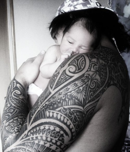 Polynesian sleeve artist unknown and cute baby via drewsinklets 