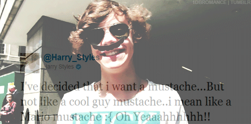 1dbromance:  “I’ve decided that i want a mustache…But not like a cool guy mustache..i mean like a Mario mustache :{ Oh Yeaaahhhhhh!!” @Harry_Styles  