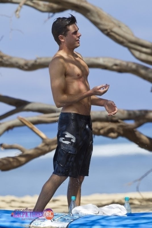 Zac Efron in wet trunks bulge visible 