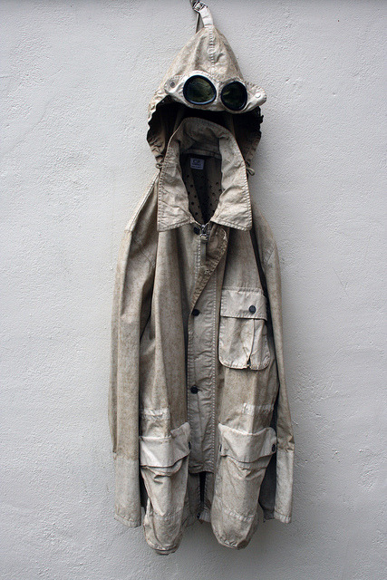 530242:  C.P. Company Sandblast Mille Miglia 2003. ART: 38184P56 by mrphoam on Flickr. Via Flickr: Spring summer 2003. watchviewer lense to left wrist. unique mottled sand effect jacket, with waist adjusters and zipped hood. 