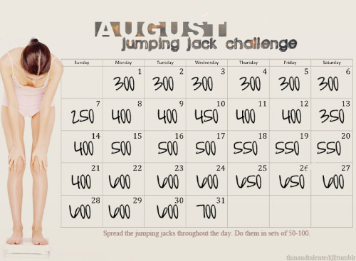 chucktheduceup:  kydrauhl:  livingadoublelife:  buldge-to-beauty:  -skinnywishes:  skinnylikeamermaid:    thinandtalented:  August Jumping Jack Challenge! Reblog, like, or save to your computer! Make August an amazing month with this jumping jack challenge. Jumping jacks are a high intensity exercise that make fat melt from your body!     omg need to start right now!   Doing this. Common followers! Do this with me. Inbox me if you’re in, we can all support each other<3  ^WHAT SHE SAID!  I’m so doing this!  omq dunno if i can do dis but i’ll try  I’m doing this but I can’t count that high in a row 