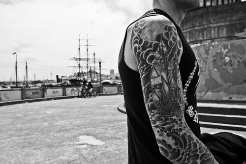 tagged as guy sleeve tattoo Black and White
