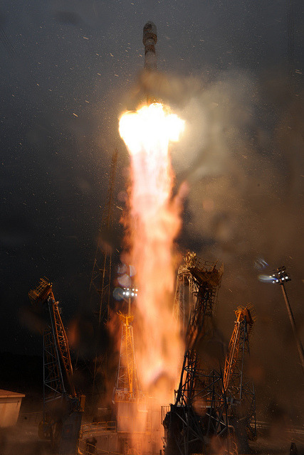 spacettf:

Lift off of flight Soyuz VS01 by ESA_events on Flickr.Via Flickr:
Soyuz lifted off for the first time from Europe’s Spaceport in French Guiana on 21 October 2011, carrying the first two Galileo In-Orbit Validation satellites.
Credits line: ESA/CNES/ARIANESPACE - S. Corvaja, 2011