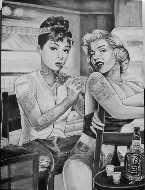 Audrey Hepburn tattooing Marilyn Monroe with a bottle of Jack Daniels