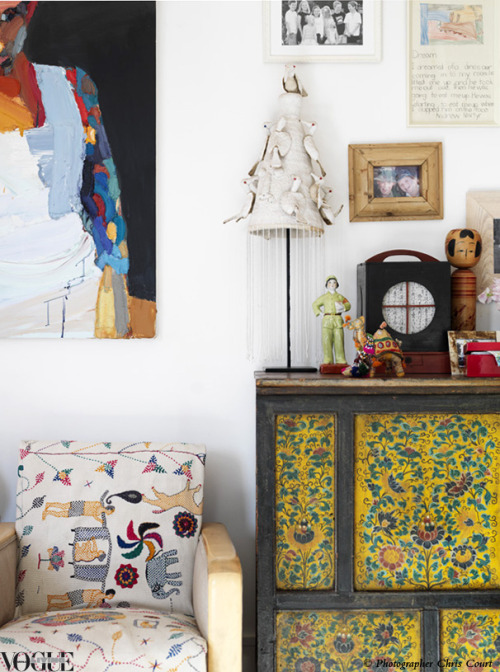 voguelivingmagazine:  ‘Whytie’ by artist Ben Quilty hangs above a vintage kantha textile from Sally Campbell on a 1930s armchair. On the Tibetan cabinet bought in Tokyo is an African wedding hat from Chee Soon &amp; Fitzgerald, a Mao figure from the Hong Kong markets and a 1920s Japanest paper lantern found in Tokyo. A picture taken from ‘Collector’s Edition’, a story on the home of Sydney art specialist Nicki Townsend, on page 174 of Vogue Living Nov/Dec 2011.   Photograph by Chris Court.  