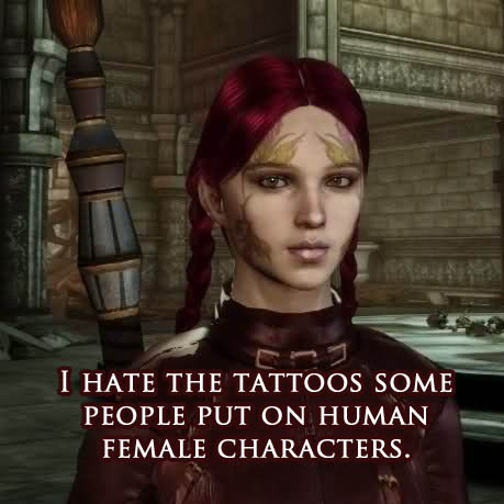 Do you mean the Dalish tattoos that people like to mod onto humans for some