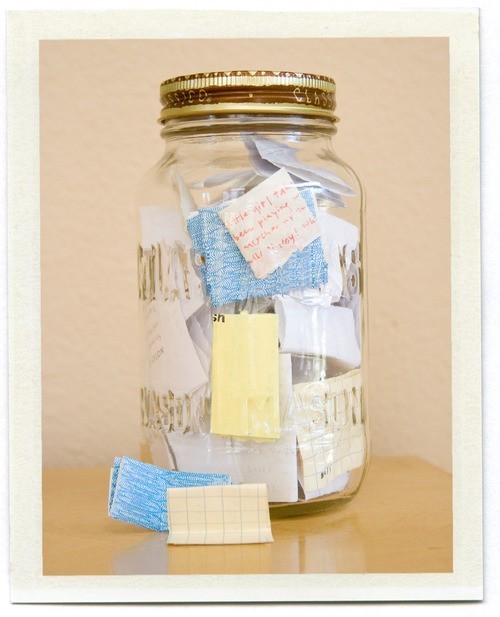 liseezy:

makesomethingmarvelous:

Add memories, thoughts, plans, and accomplishments to a jar throughout the year.  Open it on New Year’s Eve and read through them. 

Gonna do this for 2012.
