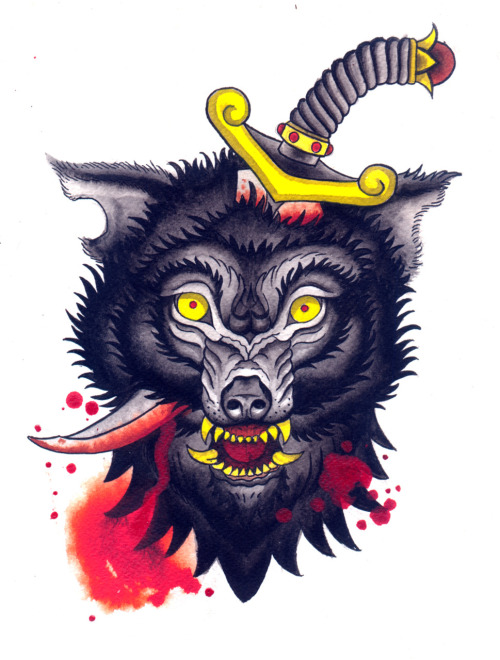 Wolf & Dagger!Higgins black magic ink, liquid acrylic inks on arches watercolor paper.