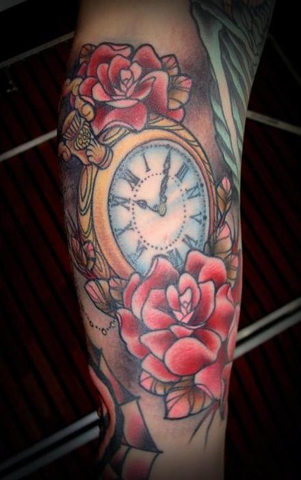  pocket watch time clock roses floral tattoo