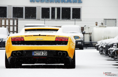 Yellow Lamborghini Gallardo LP5604 covered in snow
