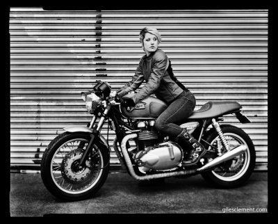 Another shot of me from the MotoLady Thruxton Series by Giles Clement. 2005 Triumph Thruxton 900.