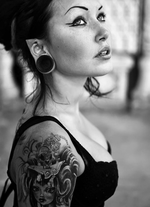  girl Black and White gauges tattoo tattoos ink arm Dreadlocks 