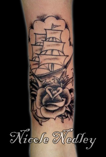 Old school pirate ship I tattooed on my friends arm
