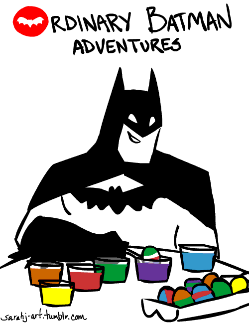 Batman isn&#8217;t the best Easter Egg artist&#8230;<br /><br /><br />
Happy Easter!<br /><br /><br />
Ordinary Batman Adventures.<br /><br /><br />
*edit* As honeyinmygears said, I forgot yellow! Also updated the Bat symbol.