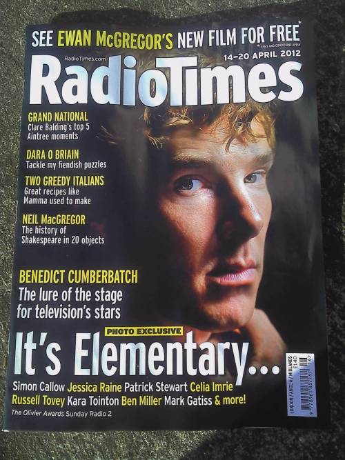 sherlockology:

Benedict Cumberbatch on the front cover of the new issue of Radio Times, out today in the UK. The issue includes a half page piece written by Danny Boyle, much of which is already online HERE, as well as small features on Mark Gatiss and Russell Tovey.
