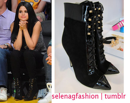 Selena attended the Lakers vs Spurs game wearing these Versace for H&amp;M Suede patent leather ankle boots, they are not available on H&amp;M website but you can find several pairs on ebay (click here) &amp; also may be able to grab yourself a pair in select H&amp;M stores!

Check out the Denim Jacket she also wore during the game i posted here!