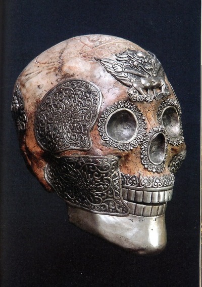 caeruleangypsy: Tibetan ritual skull with elaborate silver work and garuda on the forehead. 
