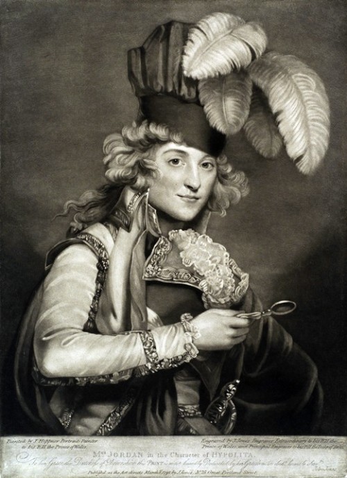 modernfoppery:</p><br />
<p>earwigbiscuits:</p><br />
<p>Mrs Jordan, in the character of Hippolyta; mezzotint by John Jones of London, 1791, after a painting by John Hoppner<br /><br />
Dorothea Jordan (1761-1816) was an Irish actress &amp; courtesan, and mistress of the Duke of Clarence. They separated after 20 years and at least 10 illegitimate children. She died in poverty at Saint-Cloud, near Paris, in 1815. He became King William IV of the United Kingdom in 1830, and, having no legitimate heirs when he died 7 years later, was succeeded by his niece, Victoria.</p><br />
<p>One of my favorite portraits.<br /><br />
