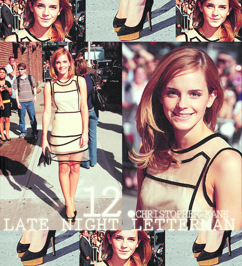 TOP 15 Favorite Emma Watson Looks → twelve where: Late Night w/ David Letterman 2009- Nude Organza Tiered Dress with Striking Black Trim by Christopher Kane Fall 2009 - Black heels with Gold platform by Charlotte Olympia - 3.1 Philip Lim Clutch